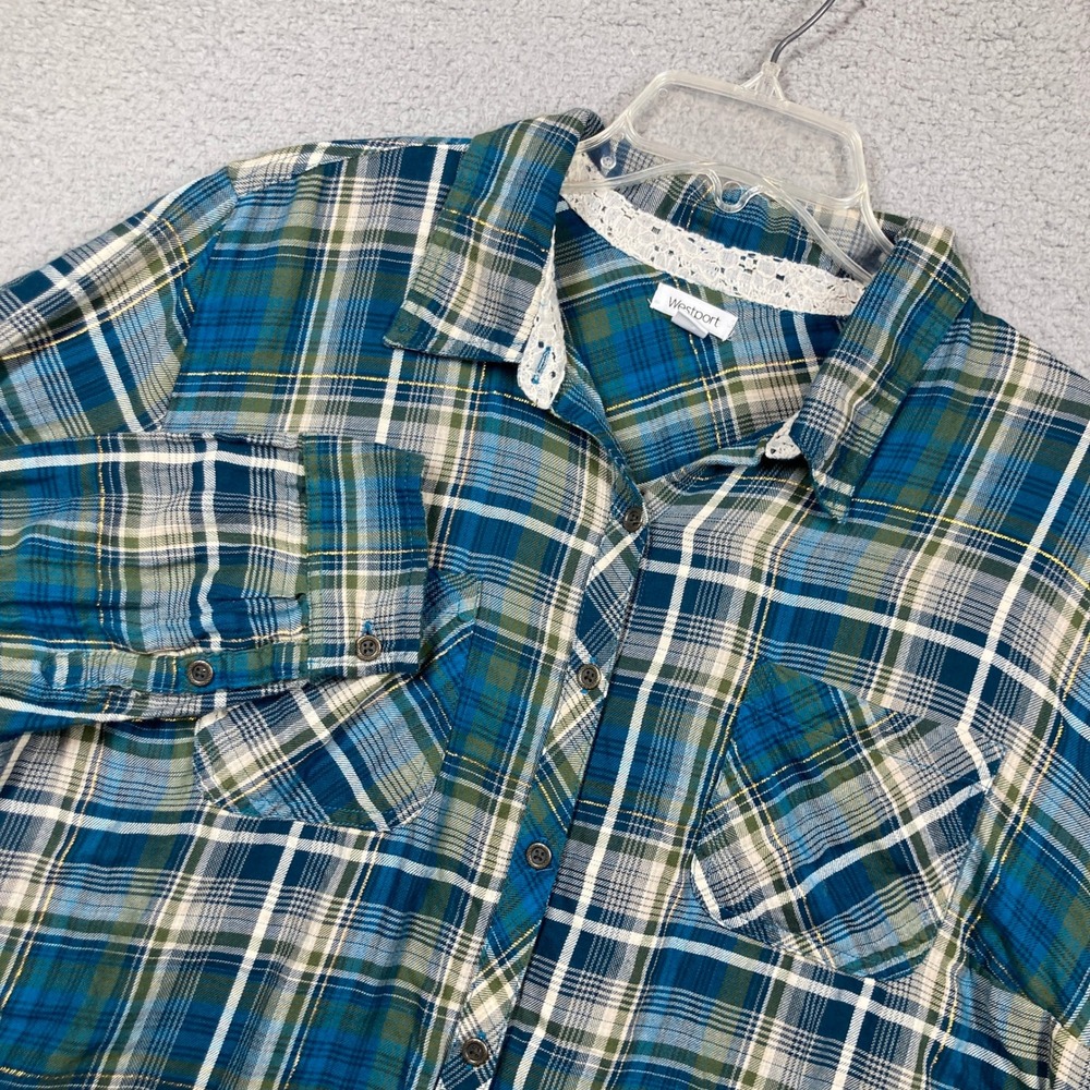Westport Plaid Button Down Women 2X Blue Green Metallic Lace Trim High Low Shirt
